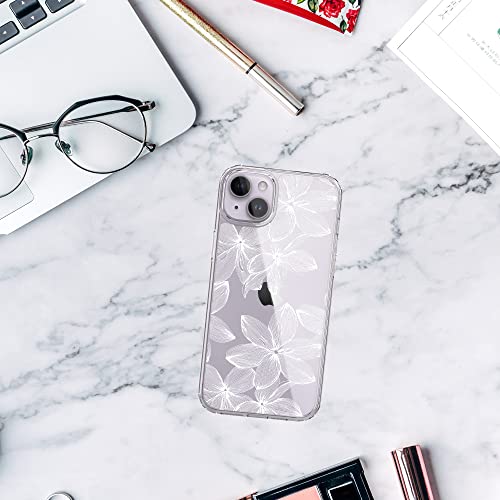 RANZ iPhone 14 Case, Anti-Scratch Shockproof Series Clear Hard PC + TPU Bumper Protective Cover Case for iPhone 14 (6.1") - White Flower