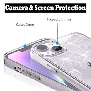 RANZ iPhone 14 Case, Anti-Scratch Shockproof Series Clear Hard PC + TPU Bumper Protective Cover Case for iPhone 14 (6.1") - White Flower