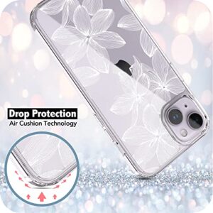 RANZ iPhone 14 Case, Anti-Scratch Shockproof Series Clear Hard PC + TPU Bumper Protective Cover Case for iPhone 14 (6.1") - White Flower