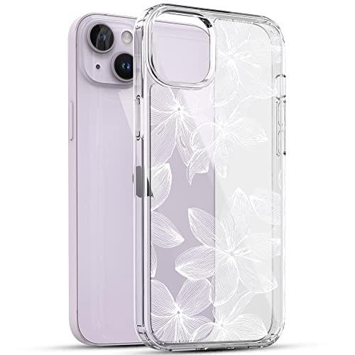 RANZ iPhone 14 Case, Anti-Scratch Shockproof Series Clear Hard PC + TPU Bumper Protective Cover Case for iPhone 14 (6.1") - White Flower