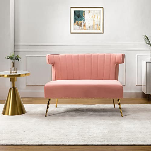 HULALA HOME Mid-Century Velvet Upholstered Loveseat Sofa Armless, Modern Loveseat Couch with Golden Metal Legs, Living Room Tufted Velvet 2 Seater Sofa Chairs for Apartment Small Spaces（Pink）