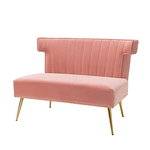 HULALA HOME Mid-Century Velvet Upholstered Loveseat Sofa Armless, Modern Loveseat Couch with Golden Metal Legs, Living Room Tufted Velvet 2 Seater Sofa Chairs for Apartment Small Spaces（Pink）