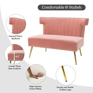 HULALA HOME Mid-Century Velvet Upholstered Loveseat Sofa Armless, Modern Loveseat Couch with Golden Metal Legs, Living Room Tufted Velvet 2 Seater Sofa Chairs for Apartment Small Spaces（Pink）