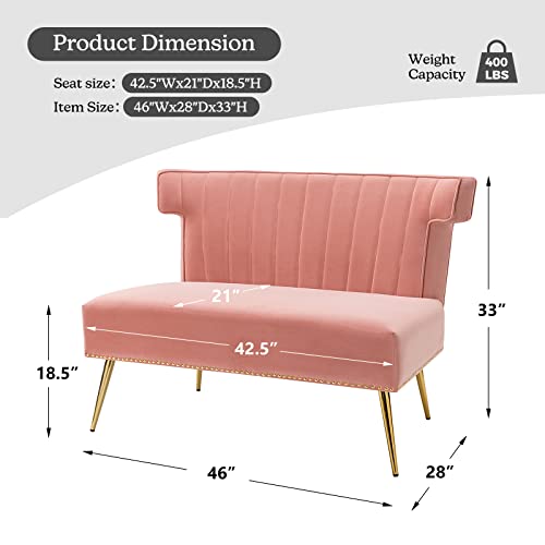 HULALA HOME Mid-Century Velvet Upholstered Loveseat Sofa Armless, Modern Loveseat Couch with Golden Metal Legs, Living Room Tufted Velvet 2 Seater Sofa Chairs for Apartment Small Spaces（Pink）