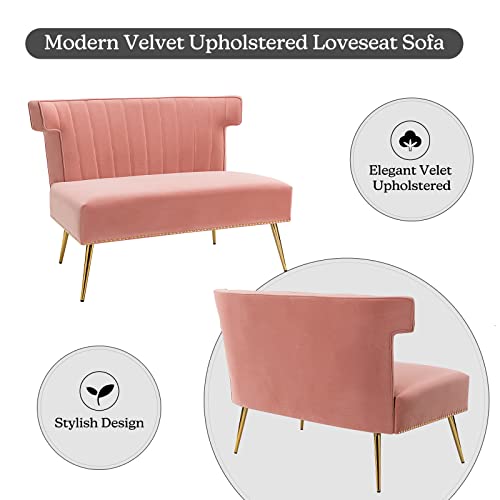 HULALA HOME Mid-Century Velvet Upholstered Loveseat Sofa Armless, Modern Loveseat Couch with Golden Metal Legs, Living Room Tufted Velvet 2 Seater Sofa Chairs for Apartment Small Spaces（Pink）