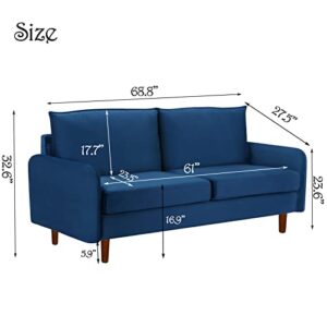 Loveseat Sofa, 68.8 " Modern Velvet Loveseat for Living Room with High-Density Foam Cushion Comfy Futon Couch with Spacious Seat Solid Wood Legs Recliner Couch Accent Sofa for Bedroom, Office (Blue)