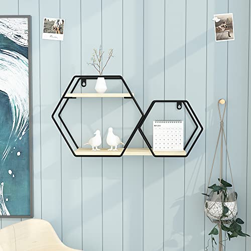 AIJADESK Wall Metal Wall Shelf Geometric Floating Shelves Decorate, Siamese Creative Classic Element Design Hexagon Floating Shelves, for Plant Display, Home Decoration Farmhouse Wall Shelf Exhibit.