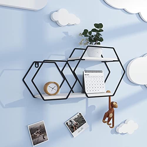 AIJADESK Wall Metal Wall Shelf Geometric Floating Shelves Decorate, Siamese Creative Classic Element Design Hexagon Floating Shelves, for Plant Display, Home Decoration Farmhouse Wall Shelf Exhibit.