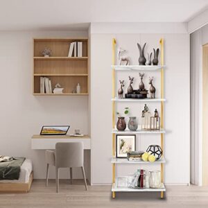 aboxoo Ladder Shelf White Marble Open Bookshelf 5-Tier Wall-Mounted Wood Rack Industrial Modern Plant Flower Stand Utility Organizer Bookcase Metal Frame Furniture Office Kitchen Bedroom