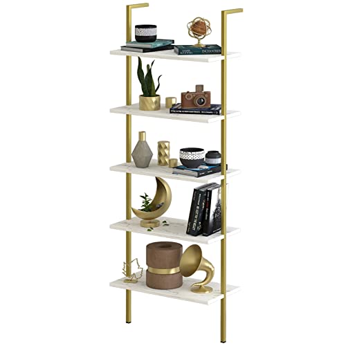 aboxoo Ladder Shelf White Marble Open Bookshelf 5-Tier Wall-Mounted Wood Rack Industrial Modern Plant Flower Stand Utility Organizer Bookcase Metal Frame Furniture Office Kitchen Bedroom