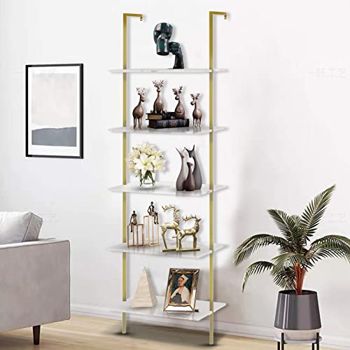 aboxoo Ladder Shelf White Marble Open Bookshelf 5-Tier Wall-Mounted Wood Rack Industrial Modern Plant Flower Stand Utility Organizer Bookcase Metal Frame Furniture Office Kitchen Bedroom