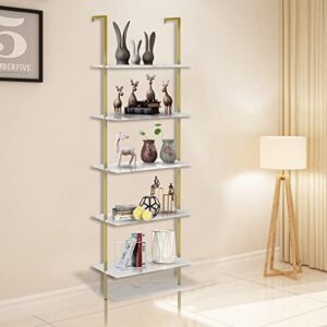 aboxoo Ladder Shelf White Marble Open Bookshelf 5-Tier Wall-Mounted Wood Rack Industrial Modern Plant Flower Stand Utility Organizer Bookcase Metal Frame Furniture Office Kitchen Bedroom