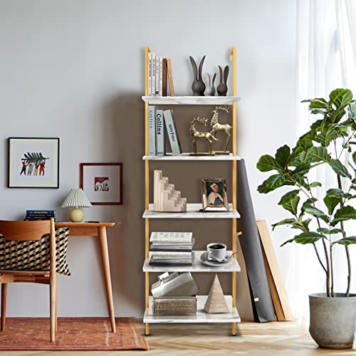 aboxoo Ladder Shelf White Marble Open Bookshelf 5-Tier Wall-Mounted Wood Rack Industrial Modern Plant Flower Stand Utility Organizer Bookcase Metal Frame Furniture Office Kitchen Bedroom