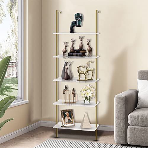 aboxoo Ladder Shelf White Marble Open Bookshelf 5-Tier Wall-Mounted Wood Rack Industrial Modern Plant Flower Stand Utility Organizer Bookcase Metal Frame Furniture Office Kitchen Bedroom