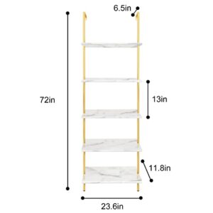 aboxoo Ladder Shelf White Marble Open Bookshelf 5-Tier Wall-Mounted Wood Rack Industrial Modern Plant Flower Stand Utility Organizer Bookcase Metal Frame Furniture Office Kitchen Bedroom