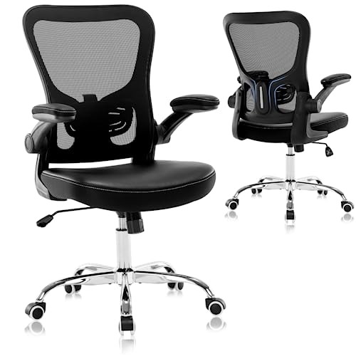 X XISHE Office Chair Ergonomic Desk Chair,Mesh Computer Chair,Home Office Desk Chairs,Executive Task Chair,Adjustable Height PU Leather Flip-up Armests Swivel Rolling Wheels Comfortable Chair,Black