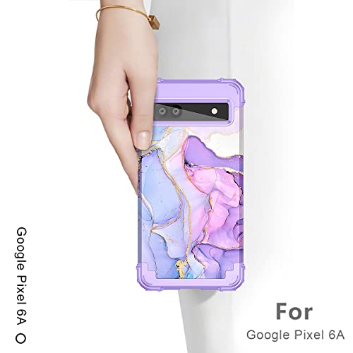 Hekodonk for Google Pixel 6A Case (2022), Heavy Duty Shockproof Protection Hard Plastic+Silicone Rubber Hybrid 3 in 1 Drop Protective Case for Google Pixel 6A Purple Marble