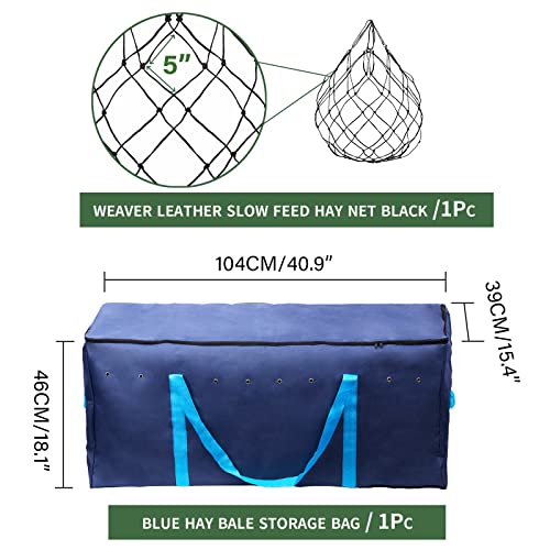 Keadic 2Pcs Hay Bags Storage Bag Set Includes Extra Large 41" x 15" x 18" Blue Tote Hay Bale Carry Bag, Black 36” Slow hay Feeder hay net with Mesh Holes for Horse Cattle Goats Sheep Full Day Feeding