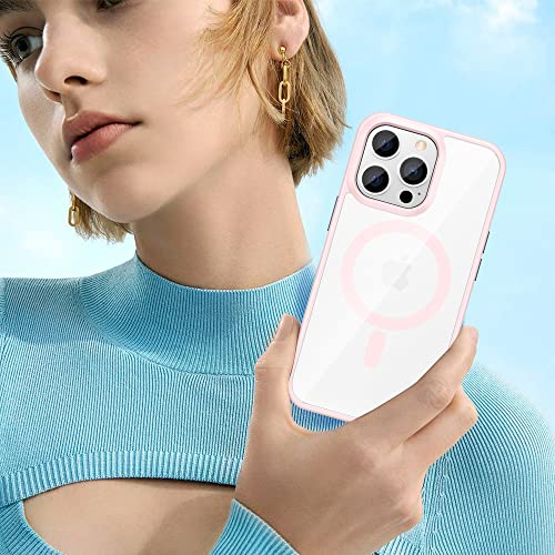 VEGO Case for iPhone 13 Pro Max/iPhone 12 Pro Max Magnetic Case, Clear Hard PC Back Cover + Soft TPU Frame Slim Resist Scratches Protective Bumper Magnet Case for iPhone 13 Pro Max 6.7” - Rose Pink