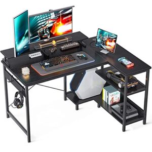 odk small l shaped desk, 48 inch corner desk with reversible storage shelves, computer desk with monitor shelf and pc stand for home office, gaming desk with headphone hooks, black