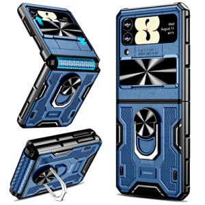 vego for galaxy z flip 3 5g case with stand, slide camera cover hinge protection 360°rotate ring magnetic kickstand military grade heavy duty protection armor case for samsung z flip 3 -dark blue