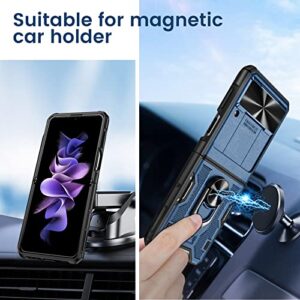 VEGO for Galaxy Z Flip 3 5G Case with Stand, Slide Camera Cover Hinge Protection 360°Rotate Ring Magnetic Kickstand Military Grade Heavy Duty Protection Armor Case for Samsung Z Flip 3 -Dark Blue