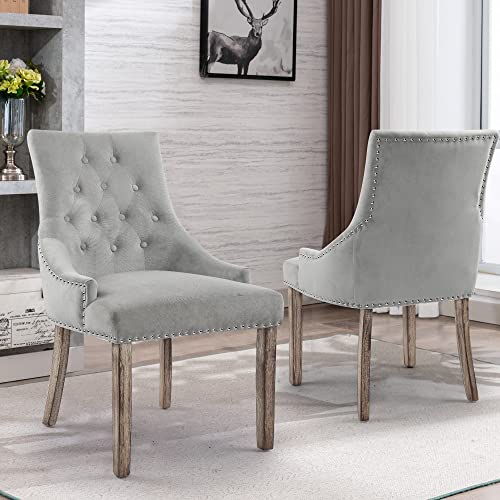 GOTMINSI Upholstered Dining Chairs, Set of 2 Accent Chairs Modern Button-Tufted Dining Room Chairs with Nailhead Trim, Velvet Dining Side Chair for Bedroom,Kitchen(Silver Grey)