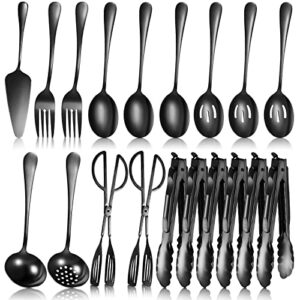 yetene 19 pieces serving flatware set including stainless steel spatulas, forks, spoons, perforated, soup, skimmers spoon, buffet tongs, heavy duty black for home buffet(black)