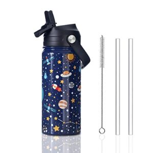 hommbenm kids space water bottles with straw lids stainless steel vacuum insulated double wallwide mouth water bottles for school boys，girls （space,16oz）
