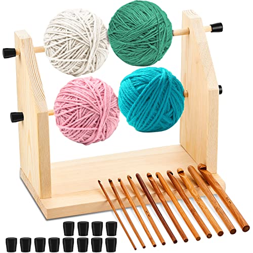 Juexica Yarn Ball Holder Double Revolving Yarn Holder with 12 Bamboo Crochet Hook Wood Yarn Holder Wooden Bamboo Crochet Hooks for Crocheting Knitting DIY Craft