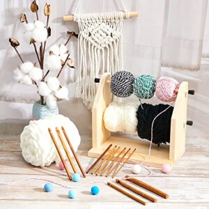 Juexica Yarn Ball Holder Double Revolving Yarn Holder with 12 Bamboo Crochet Hook Wood Yarn Holder Wooden Bamboo Crochet Hooks for Crocheting Knitting DIY Craft