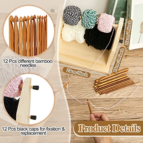 Juexica Yarn Ball Holder Double Revolving Yarn Holder with 12 Bamboo Crochet Hook Wood Yarn Holder Wooden Bamboo Crochet Hooks for Crocheting Knitting DIY Craft