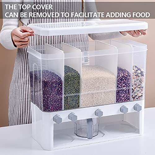 PIOJNYEN 5 Grid Rice Dispenser, Wall Mounted Grain Dispenser with Cup, Rice and Grain Storage Container for Home Kitchen, Detachable Partition, 10L