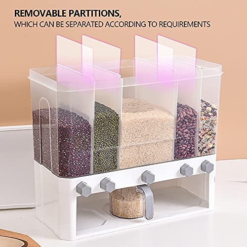 PIOJNYEN 5 Grid Rice Dispenser, Wall Mounted Grain Dispenser with Cup, Rice and Grain Storage Container for Home Kitchen, Detachable Partition, 10L