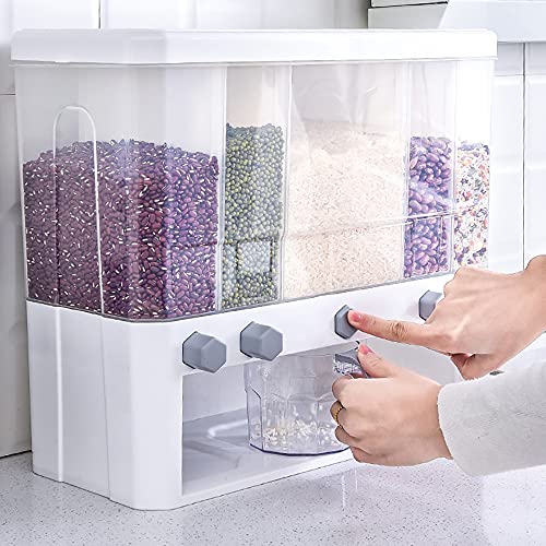 PIOJNYEN 5 Grid Rice Dispenser, Wall Mounted Grain Dispenser with Cup, Rice and Grain Storage Container for Home Kitchen, Detachable Partition, 10L