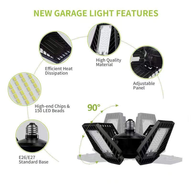 Pinegreen Lighting Led Garage Light 2 Pack, 100w 12000lm Garage Ceiling Lights, 6500k E26/E27 Led Shop Light with 4 Adjustable Panels for Garage Workshop Warehouse Basement High Bay Light