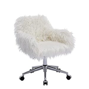 kcc fluffy office desk chair, faux fur modern swivel armchair with wheels, soft comfy fuzzy elegant accent makeup vanity chairs for women girls, home living dressing room bedroom, white