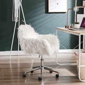 KCC Fluffy Office Desk Chair, Faux Fur Modern Swivel Armchair with Wheels, Soft Comfy Fuzzy Elegant Accent Makeup Vanity Chairs for Women Girls, Home Living Dressing Room Bedroom, White