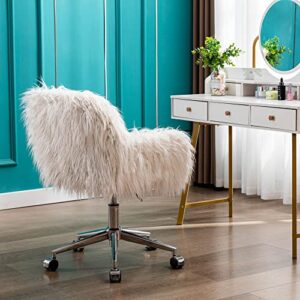 KCC Fluffy Office Desk Chair, Faux Fur Modern Swivel Armchair with Wheels, Soft Comfy Fuzzy Elegant Accent Makeup Vanity Chairs for Women Girls, Home Living Dressing Room Bedroom, White