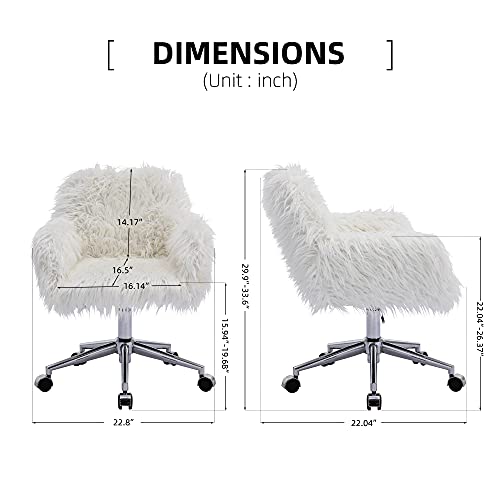 KCC Fluffy Office Desk Chair, Faux Fur Modern Swivel Armchair with Wheels, Soft Comfy Fuzzy Elegant Accent Makeup Vanity Chairs for Women Girls, Home Living Dressing Room Bedroom, White