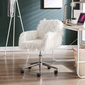 KCC Fluffy Office Desk Chair, Faux Fur Modern Swivel Armchair with Wheels, Soft Comfy Fuzzy Elegant Accent Makeup Vanity Chairs for Women Girls, Home Living Dressing Room Bedroom, White