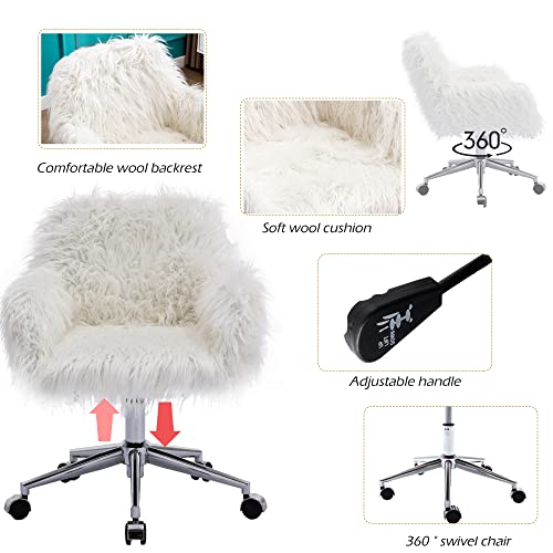 KCC Fluffy Office Desk Chair, Faux Fur Modern Swivel Armchair with Wheels, Soft Comfy Fuzzy Elegant Accent Makeup Vanity Chairs for Women Girls, Home Living Dressing Room Bedroom, White