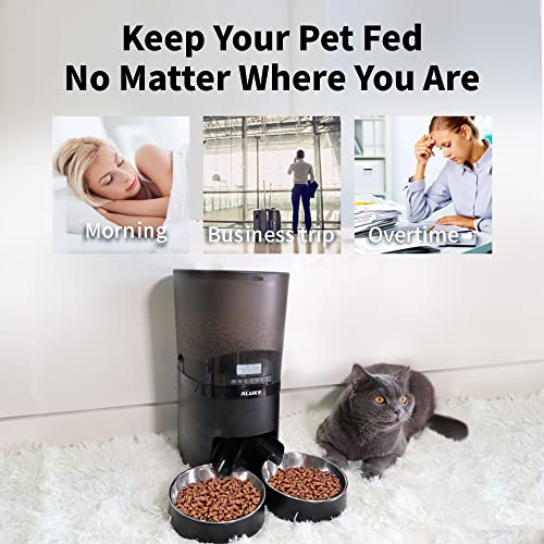 Automatic Cat Feeder for 2 Cats, ALUKE 6.5L Pet Feeder for Cats & Dogs Dry Food Dispenser with Desiccant Bag, Stainless Steel Bowls & Lock Lid, Dual Power Supply 10s Meal Call 6 Meals Per Day