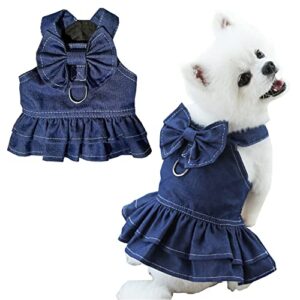 aniac denim dog dresses for small dogs puppy girl clothes with leash ring and cute bow knot summer cat apparel with d-ring blue girl dog clothes (skirt, x-large)