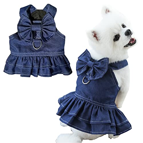 ANIAC Denim Dog Dresses for Small Dogs Puppy Girl Clothes with Leash Ring and Cute Bow Knot Summer Cat Apparel with D-Ring Blue Girl Dog Clothes (Skirt, X-Large)