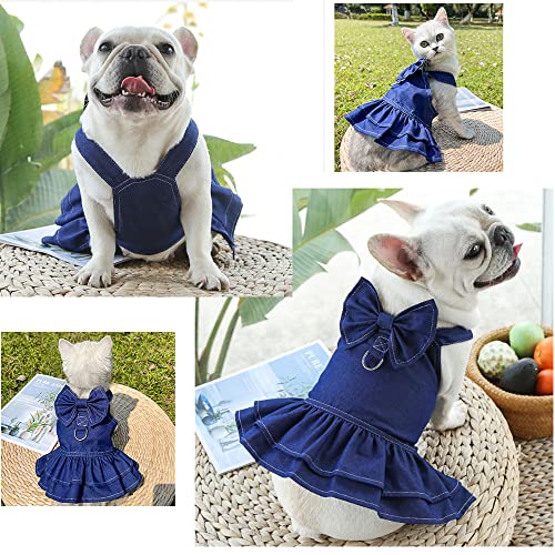 ANIAC Denim Dog Dresses for Small Dogs Puppy Girl Clothes with Leash Ring and Cute Bow Knot Summer Cat Apparel with D-Ring Blue Girl Dog Clothes (Skirt, X-Large)