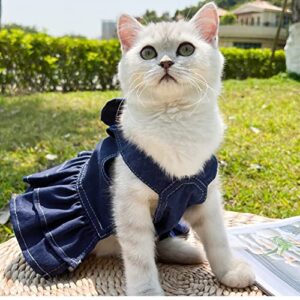 ANIAC Denim Dog Dresses for Small Dogs Puppy Girl Clothes with Leash Ring and Cute Bow Knot Summer Cat Apparel with D-Ring Blue Girl Dog Clothes (Skirt, X-Large)