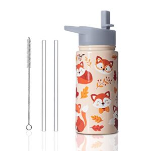 Weboia Kids Autumn Cute Water Bottle Fox Insulated Water Bottles BPA Free Double Wall Vacuum 15 oz Kids Cup with Straw Lid Leak Proof Fox Water Bottle Autumn Gift for Boys Girls School