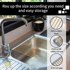 Snailhouse Roll Up Dish Drying Rack, Stainless Steel Dish Drainer Over The Sink with Anti-Slip Silicone for Kitchen Counter, Gold (17.8 x 11.8 in)