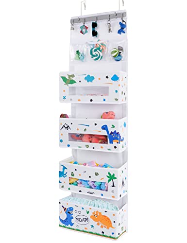 WERNNSAI Dinosaur Door Hanging Organizer - Over Door Storage with 4 Large Pockets 3 Clear Small Pockets for Kids 49” x 14” x 5” Baby Storage Toys Towels Sundries for Children Room Bedroom Kitchen